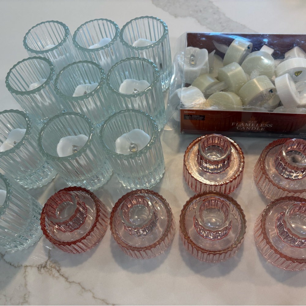 31 Tea Light Candles + 10 Glass Candles Holders + 6 Pink Candle Holders